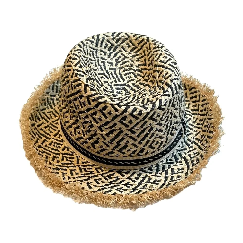 Kids Target Straw Fedora Sun Hat Black Tan Frayed Brim Hat Day NWOT